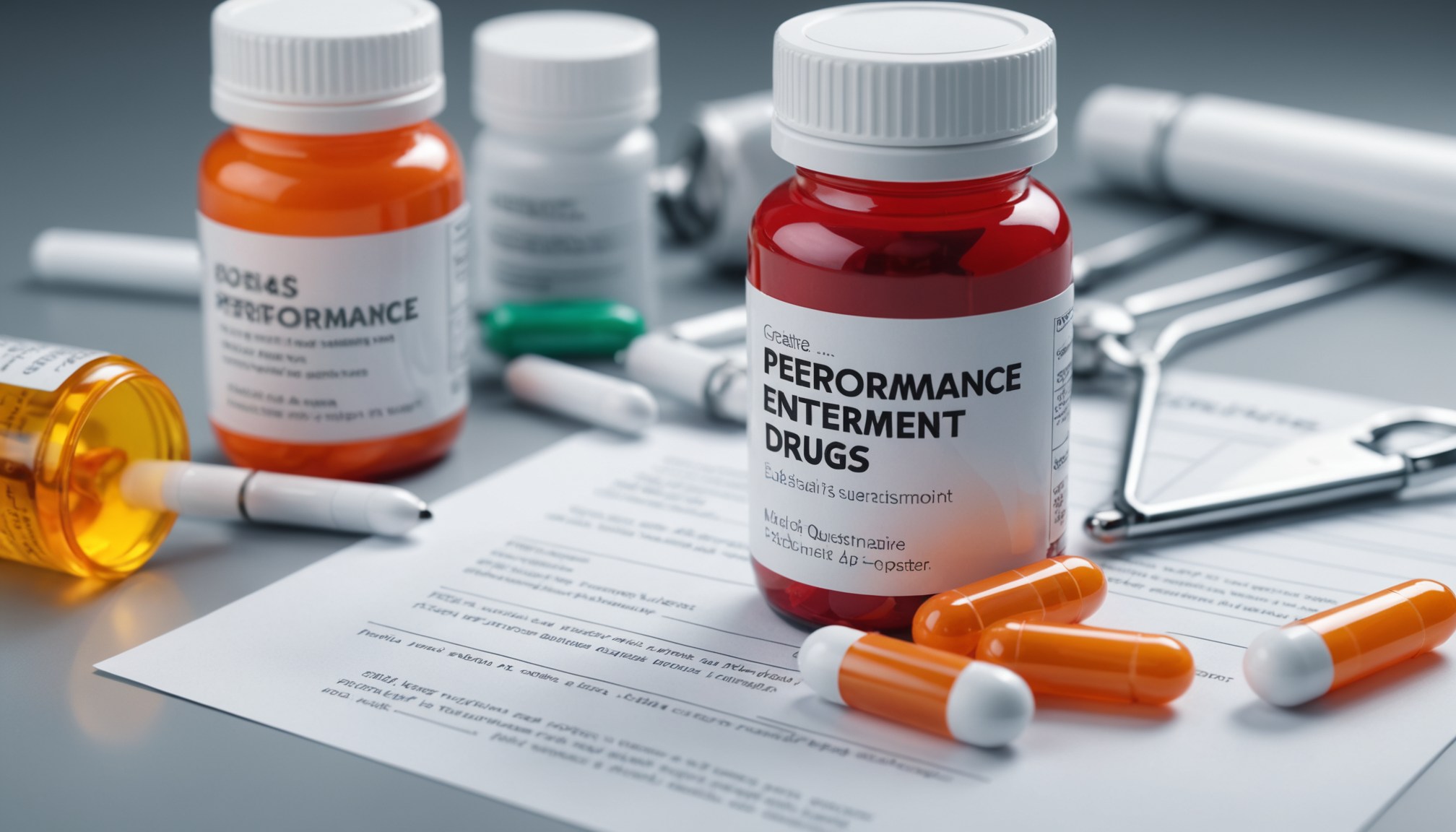 Educational illustration showing athletes and students reviewing a self-check questionnaire about performance enhancement drugs and health risks